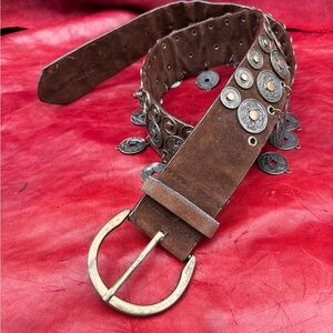 Brown Suede Coin-Accent Leather Belt with Brass Buckle